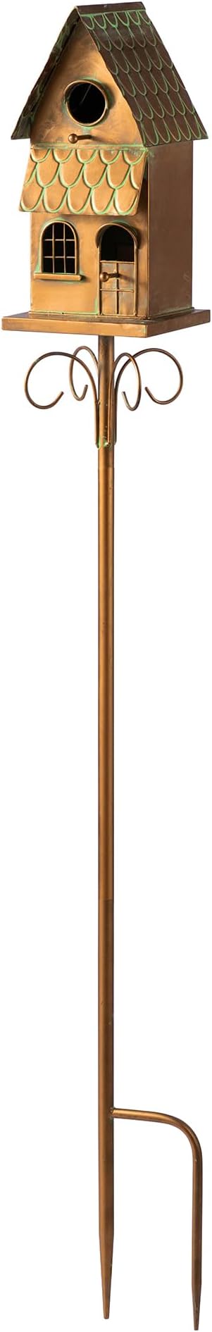 Glitzhome Birdhouses for Outdoors, Decorative Bird Houses for Outside, 53" H Farmhouse Faux Copper 2-Tiered Distressed Metal Bird House Garden Birdhouse with Stake for Outdoor Patio