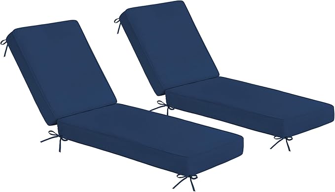 Sundale Outdoor Olefin Chaise Lounge Cushion Set of 2, Water-Resistant Patio Lounge Chair Cushion, Thick Lounger Pad with 4 Straps Dark Blue, 72 x 21 x 4 Inches