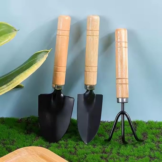 3 Pcs Mini Gardening Tool Set, Shovel, Spade, Rake Kit with Ergonomic Wooden Handles, Ideal for Planting, Weeding and Cultivating, Gardening Plant Tool for Cactus Herbs Indoor Miniature Plants (1 Set)