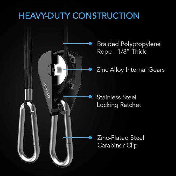 AC Infinity, Adjustable 1/8” Rope Hanger, Heavy-Duty Stainless Steel Gears Ratchets, 150 lbs Weight Capacity, 1 Pair