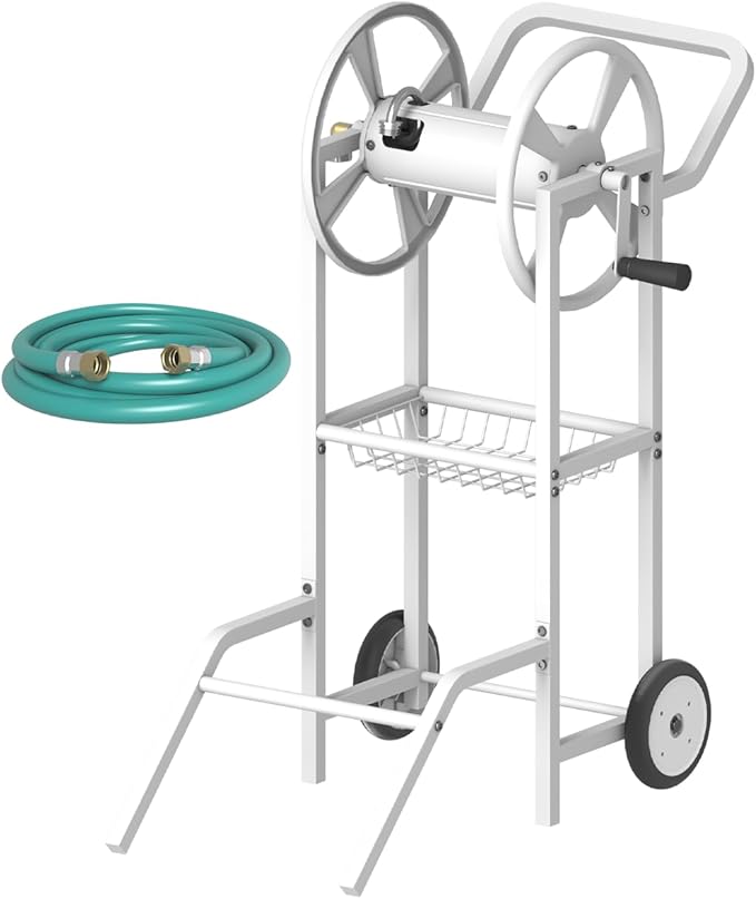 Artigarden Hose Reel Cart with 2 Wheels, Garden Water Hose Holder Heavy Duty Powder Coated Steel Outdoor Winder Storage Holds 125 ft 5/8" Hoses with Basket and 3.9ft Leader Hose for Backyard, White