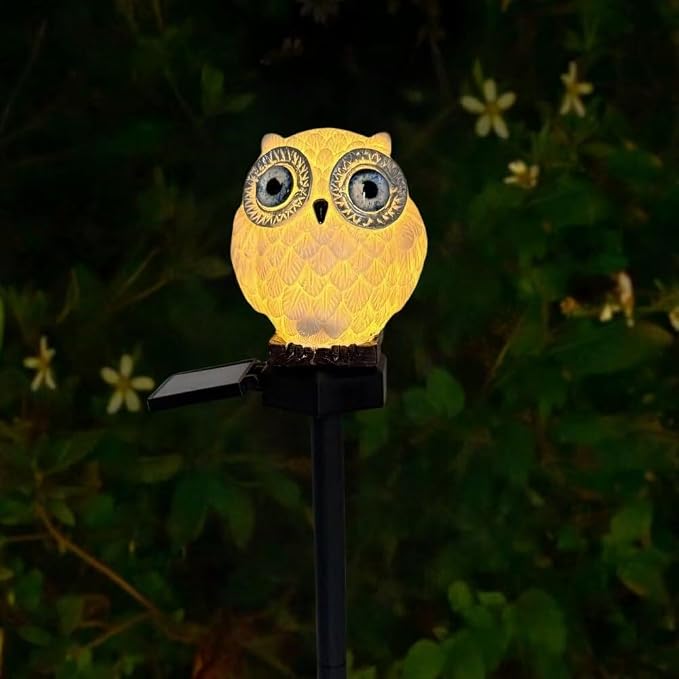 Solar Powered White Blue Eyed owl Lights, Garden Decorative Resin Cute Animal Ground lamp, Wireless Dusk to Dawn LED Warm Lights Waterproof.