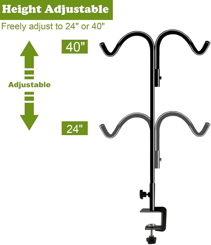 Koutemie 40 Inch Tall Double Deck Hook for Railing, Adjustable Outdoor Shepherds Hook with 2-Inch Strengthened Clamp for Hanging Plant Bird Feeder, 2 Pack