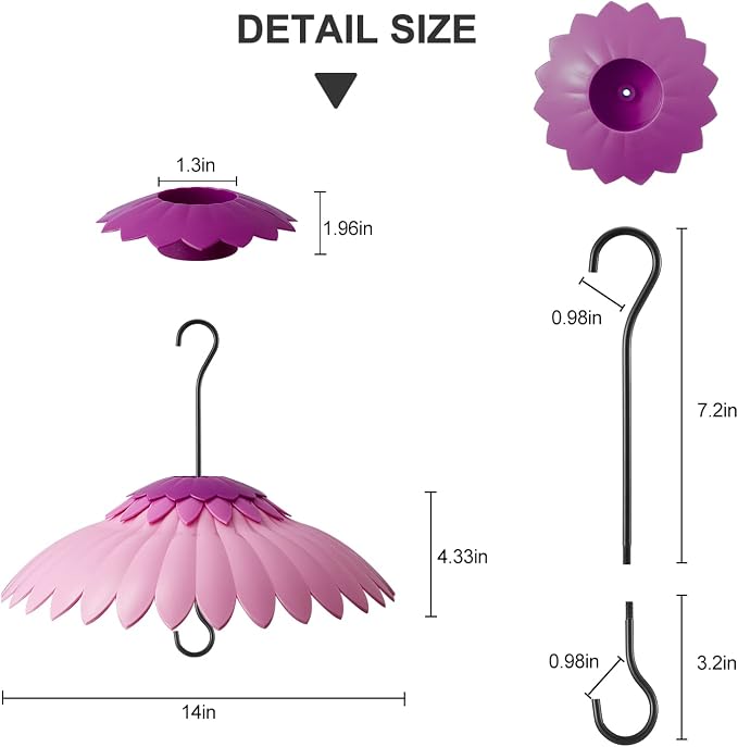 Beserie Bird Feeder Baffle Weather Rain Guard Dome Cover Keep Nectar Cool 14" Largh Diameter with Moat and 3 Hooks for Outside Hanging Hummingbird Feeder Bird Feeder（Pink Purple）