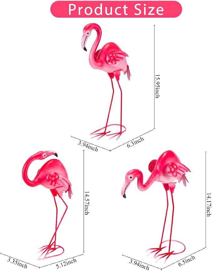 3Pcs Pink Flamingo Yard Decor 15" Metal Yard Art Outdoor Sculptures | Garden Statue Set of 3 Flamingo Birds Lawn Ornarment Tropical Décor for Outside Home Patio Porch Backyard Decorations