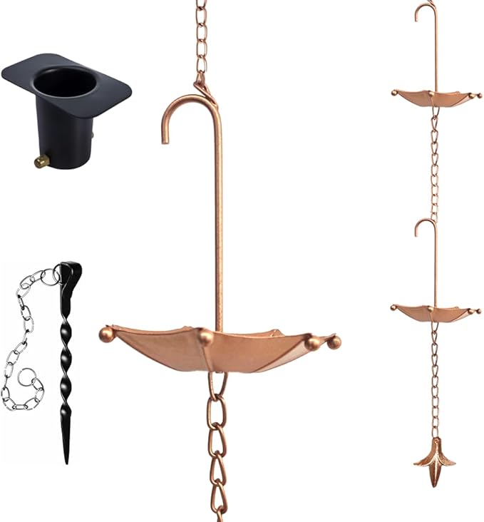 Apx Rain Chains for Gutters with Adapter, Anchor, Total 11 FT, 10 Umbrella Cups Rain Catcher Heavy Duty, Replacement for Gutter Downspout w/ Stake, Rainwater Diverter, Garden Decor for Outside Summer.
