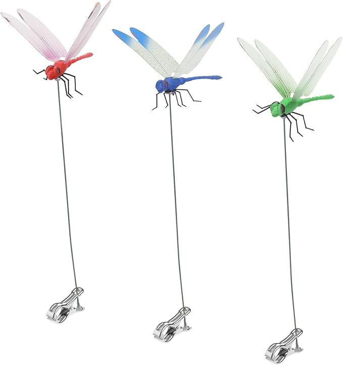 3 Pack Dragonfly Clip,3D Dragonfly Garden Stakes Decor,Dragonfly Humming Bird Stakes,Deer and Horse Fly Deterrent,Garden Bird and Fly Scare Devices for Indoor Outdoor (3pcs)