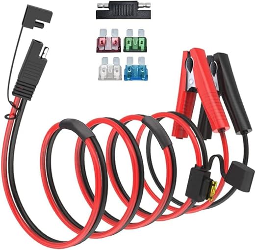 ELFCULB 10AWG SAE to Alligator Clips,Battery Alligator Clip to SAE Connector Extension Cable,2Pin Quick Disconnect Battery Clamp Cable for Motorcycle Car,with 5 Fuse(10FT)