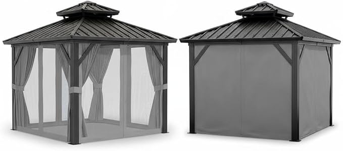 12 x 20 ft Hardtop Gazebo, Heavy Duty Galvanized Aluminum Frame Double Roof Outdoor Pavilion, Faux Wood Grain Metal Roof Gazebo with Netting & Privacy Curtains, Brown Patio Canopy Shelter for Backyard