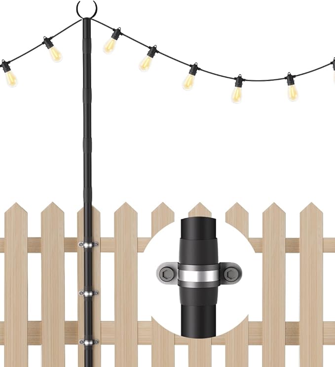 10Ft String Light Poles for Fence & Deck Railing, Outdoor Light Stand with Fence Brackets, Heavy-Duty Metal Poles for Backyard, Garden & Patio Party Lighting, Rustproof & Adjustable