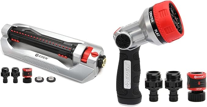 Eden Heavy Duty Oscillating Sprinkler and 7-Pattern Thumb Control Nozzle Bundle W/Quick Connect Starter Sets