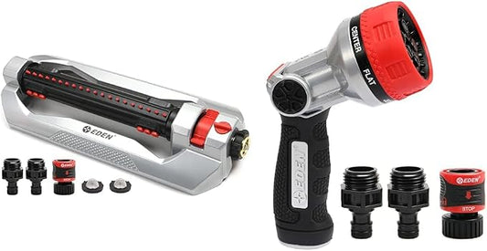 Eden Heavy Duty Oscillating Sprinkler and 7-Pattern Thumb Control Nozzle Bundle W/Quick Connect Starter Sets