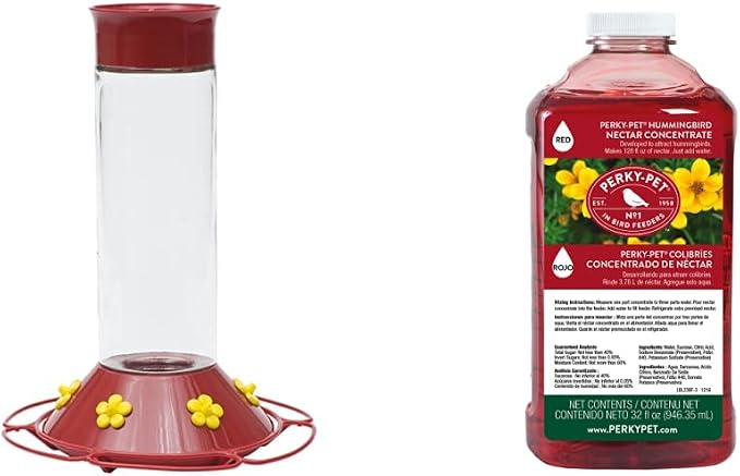 Perky-Pet 209B Our Best Glass Hummingbird Feeder, Red, 30 OZ & 100056728 238 Hummingbird Nectar, 32-Ounce Concentrate, Red