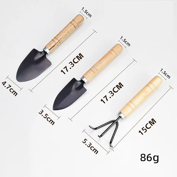3 Pcs Mini Gardening Tool Set, Shovel, Spade, Rake Kit with Ergonomic Wooden Handles, Ideal for Planting, Weeding and Cultivating, Gardening Plant Tool for Cactus Herbs Indoor Miniature Plants (1 Set)