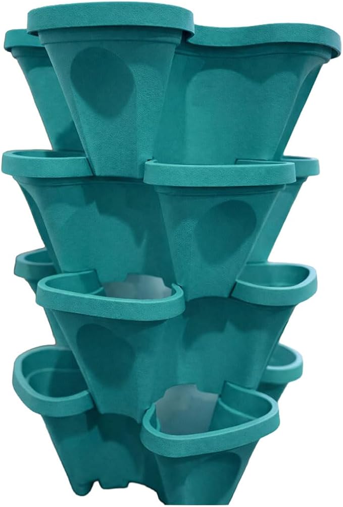 Strawberry Planter Tower, 4 Tier Stackable Vertical Planter, 16 Plant Sites, Space Saving Garden Planter, Indoor Outdoor, Made in USA (Mineral Teal, Small)