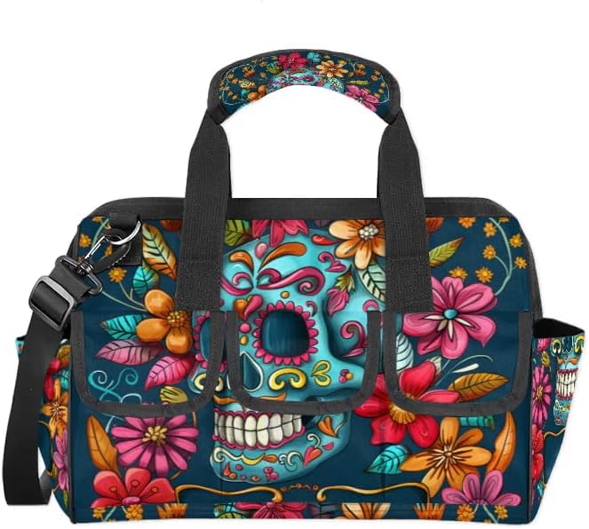 15 Inch Tool Bag 14-Pockets Tool Box Organizer for Men Flowers Skull Tool Tote Bag Waterproof Toolbox with Shoulder Strap Heavy Duty Garden Tool Organizer for Mechanic