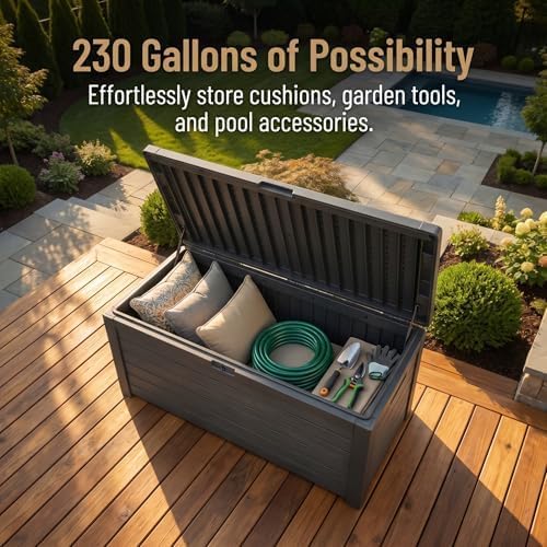 230 Gallon Deck Box, Waterproof Resin Outdoor Storage Box with Lockable Lid, Patio Storage Box with Fade Resistant for Patio Furniture Cushions, Pool Accessories, Garden Tools, Light Coffee