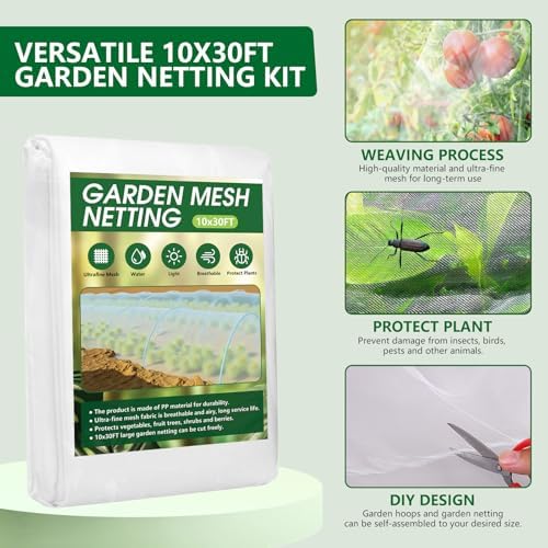 2 x Garden Netting Kit, 10x30FT Green Mesh Netting+10x30FT White Mesh Netting+ 12 Sets of 8FT Fiberglass Garden Hoops for Raised Beds