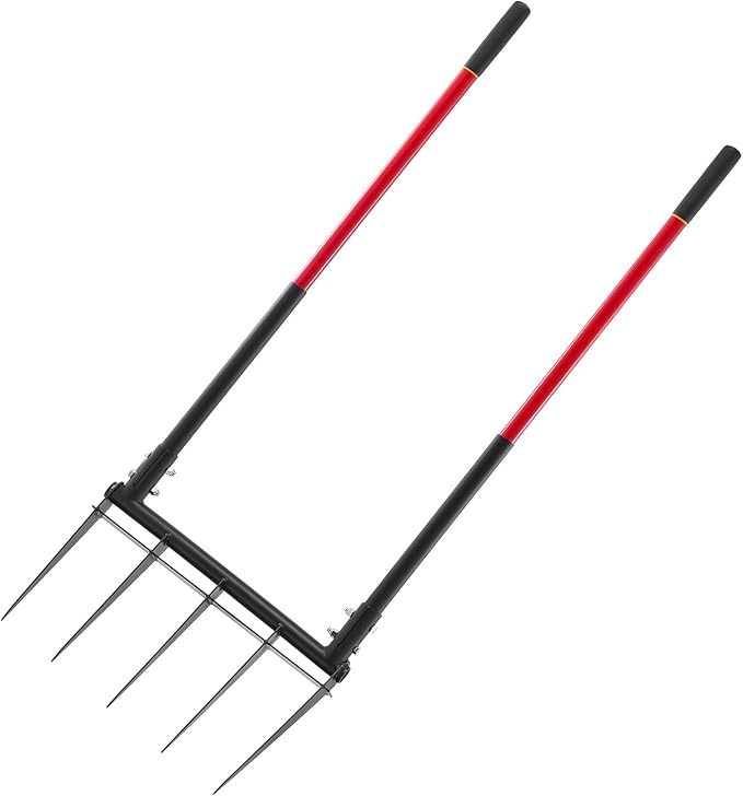 VEVOR Broad Fork, 5-Tine Pitchfork with Dual Fiberglass Handles, Heavy Duty Garden Fork, Ergonomic U-Shaped Design Broadfork Hand Tiller, Gardening Tool for Composting Transplanting Aeration