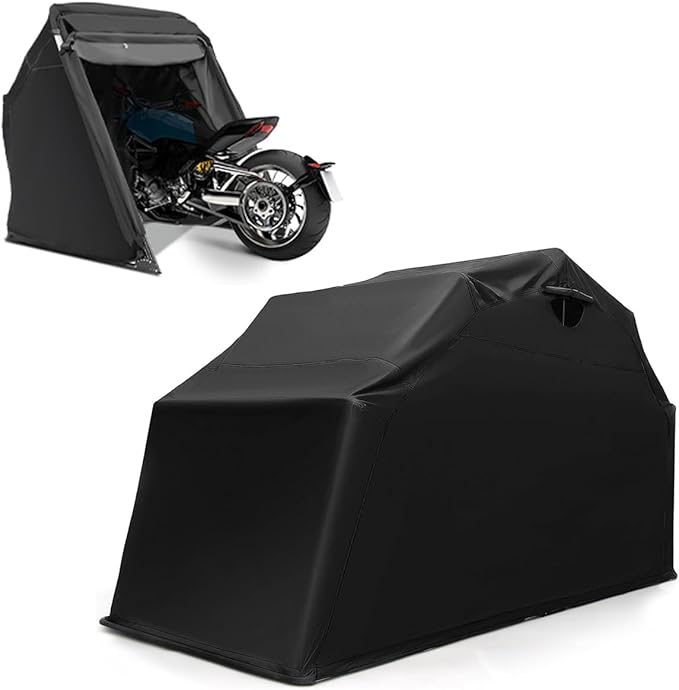 ERGOMASTER Motorcycle Shed, 136" x 54" x 75" Heavy Duty Waterproof Motorcycle Garage with 600D Oxford Fabric, Roll-up Mesh Windows Shed