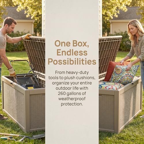260 Gallon Deck Box, Waterproof Resin Outdoor Storage Box with Lockable Lid, Patio Storage Box with Fade Resistant for Patio Furniture Cushions, Pool Accessories, Garden Tools, Light Coffee
