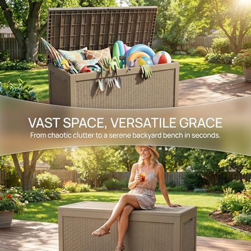 260 Gallon Deck Box, Waterproof Resin Outdoor Storage Box with Lockable Lid, Patio Storage Box with Fade Resistant for Patio Furniture Cushions, Pool Accessories, Garden Tools, Light Coffee