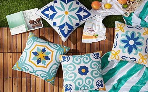 Pyonic Outdoor Waterproof Throw Pillow Covers Set of 4 Floral Printed and Boho Farmhouse Outdoor Pillow Covers for Patio Funiture Garden 18x18 Inch Blue