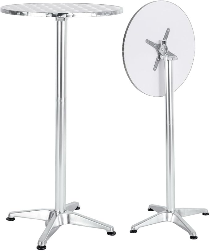 BTEXPERT Set of 2, Aluminum Indoor Outdoor 23.75" Round Restaurant Bar Height 45" Table flip top, Patio Stainless Steel Silver Furniture 25.75" Base