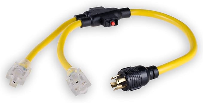 Yodetek 3 FT Generator Cable Adapter with Circuit Breaker, Generator Distribution Cord, 10 Gauge 4 Prong Extension Cord Splitter, L14-30P to (2) 5-15/20R…