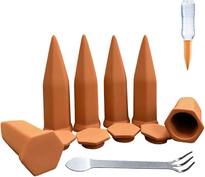 Large Clay Plant Watering Spikes with Lids | 6 Pack Automatic Self Watering Stakes for Large Indoor & Outdoor Planters | Terracotta Vacation Plant Waterer with Bonus 3-Tooth Soil Loosening Rake