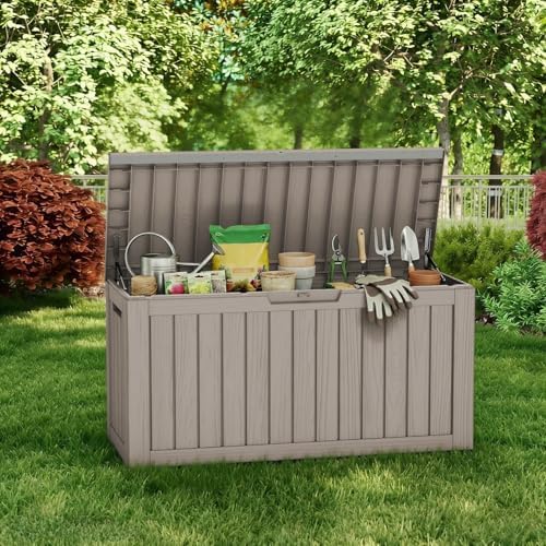80 Gallon Deck Box, Waterproof Resin Outdoor Storage Box with Lockable Lid, Patio Storage Box with Fade Resistant for Patio Furniture Cushions, Pool Accessories, Garden Tools, Light Coffee