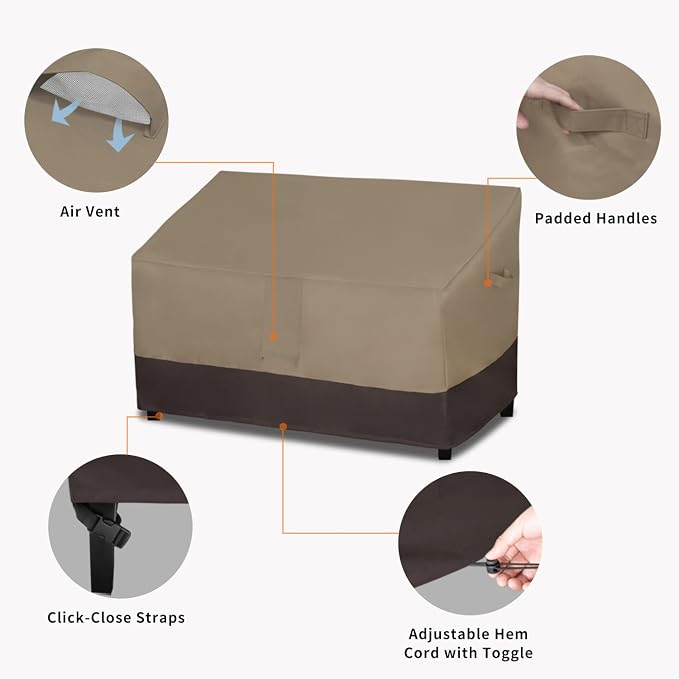 Easy-Going Waterproof Outdoor Loveseat Cover, Heavy Duty 2-Seater Patio Couch Cover, Windproof Outdoor Furniture Protector with Air Vent (76Wx32.5Dx33H inch, Camel/Dark Brown)
