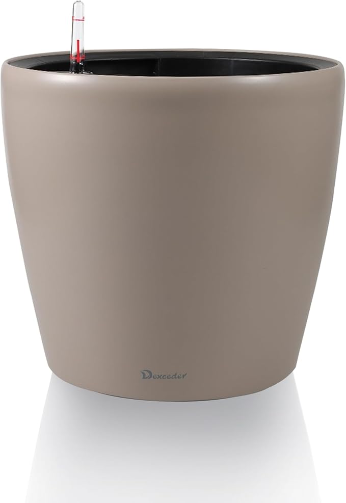 Dexceder 9x8 Self Watering Planter (Taupe Matte) | Inner Pot Design, Thickened Table Flower Plant Pot with Water Level Indicator Indoor Outdoor