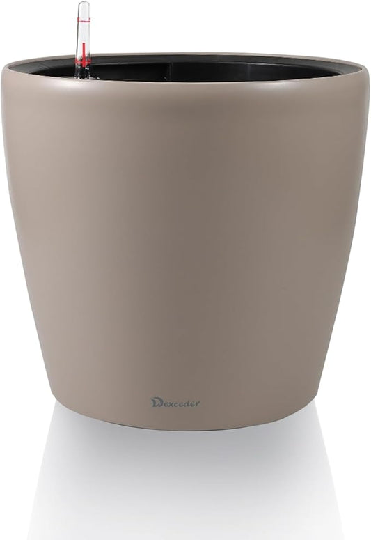 Dexceder 9x8 Self Watering Planter (Taupe Matte) | Inner Pot Design, Thickened Table Flower Plant Pot with Water Level Indicator Indoor Outdoor