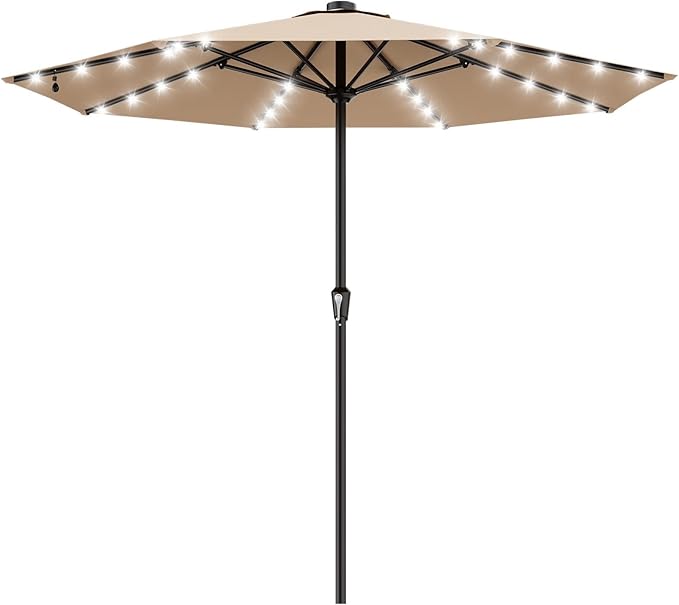 AreShark 11FT Large Patio Umbrella with Solar Lights, Lighted Solar Umbrella with Crank, Outdoor Table Market Umbrellas for Garden, Deck, Backyard, Pool and Beach, Beige