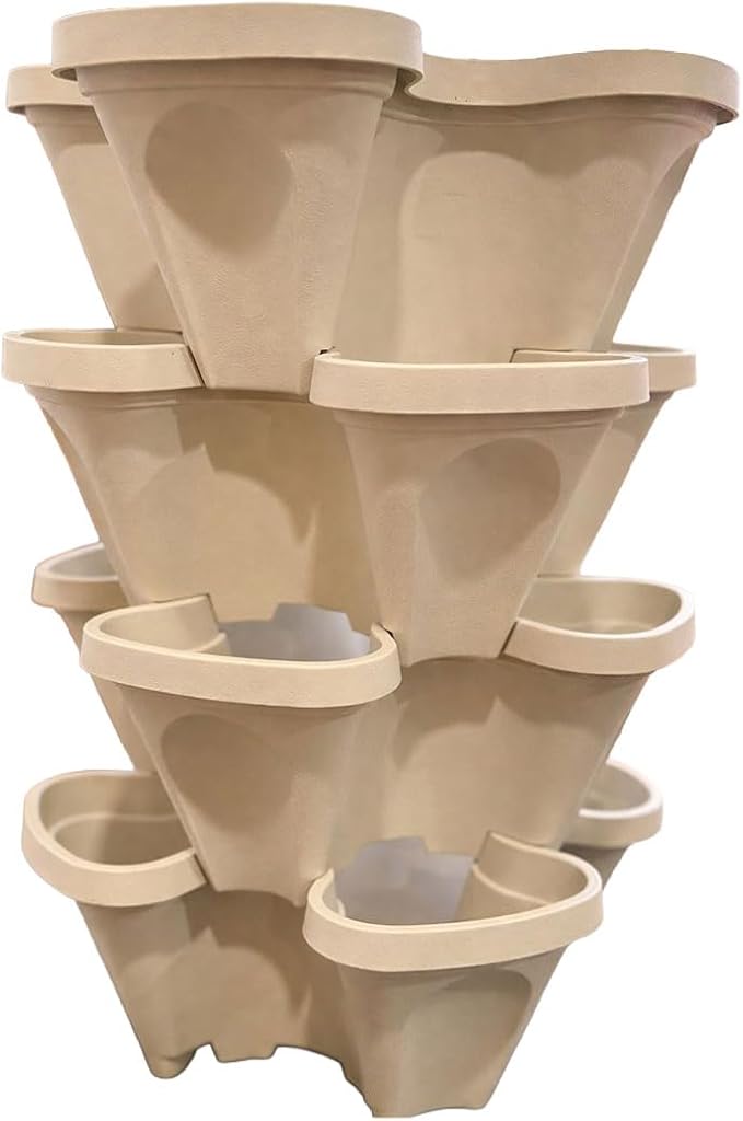 Stackable Vertical Planter Tower, 4 Tier Strawberry Planter,16 Plant Sites, Space Saving Garden Planter for Vegetables & Herbs, Indoor Outdoor, Made in USA (Desert Sand)