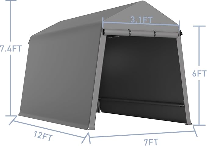 7X12FT Heavy-Duty Portable Outdoor Shelter Shed - Waterproof UV-Resistant Carport with Roll-Up Zipper Doors & Vents, Anti-Snow Motorcycle Garage Tent, Grey