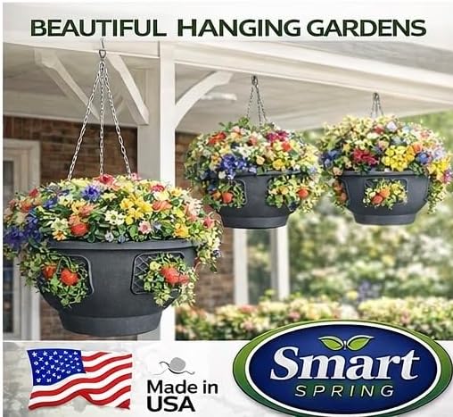 Hanging Planter Basket 10 Pack Bulk, Easy Fill Strawberry Planter, Outdoor Hanging Basket with Side Planting Panels, Durable UV Resistant Planters, Made in USA, 10, Gray