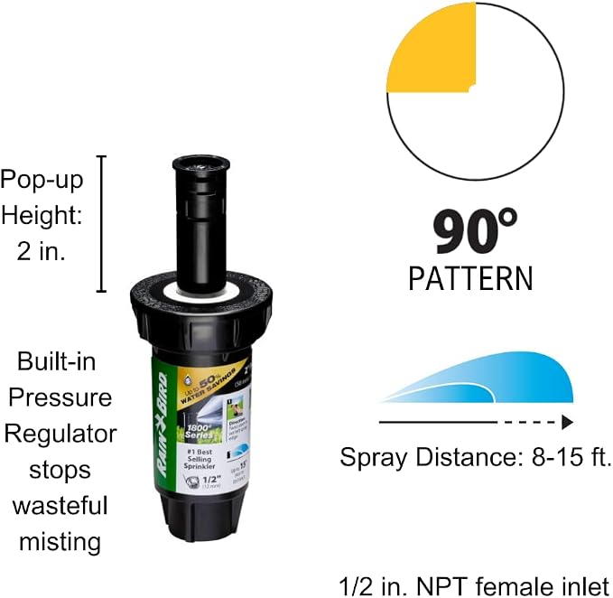 Rain Bird 1802QDSPRS Pressure Regulating (PRS) Professional Dual Spray Pop-Up Sprinkler, 90° Quarter Circle Pattern, 8' - 15' Spray Distance, 2" Pop-up Height