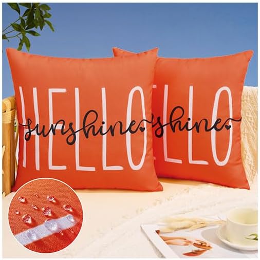 DFXSZ Outdoor Pillow Covers 18x18 Inch Set of 2 Hello Sunshine Decor Dirty Orange Waterproof Summer Outdoor Pillow Covers for Patio Furniture Garden Sofa Couch