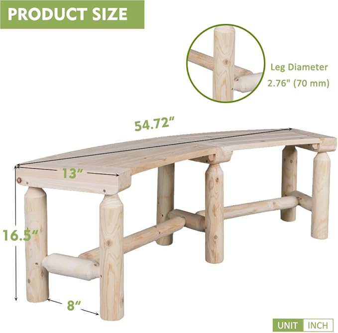 Outdoor Wooden Curved Backless Porch Bench Rustic Style Cedar/Fir Wood Log Fire Pit Bench for Patio Garden Deck and Backyard, 40"-54" W×13" D×16.5" H, 2 Packs