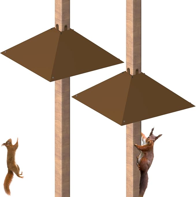 Metal Squirrel Baffle for 4x4 Post, Outside Wooden Pole Mount Squirrel Guards for Bird Feeders, 17 Inch Squirrels Deterrents Stopper to Deter Racoons, Brown, 2pcs, (Patented No.: D1069260)