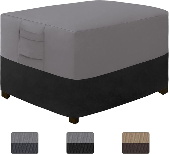 Easy-Going Outdoor Ottoman Cover, Waterproof Patio Ottoman Cover, Heavy Duty Outdoor Furniture Cover with Padded Handles (34"x24"x17", Gray/Black)