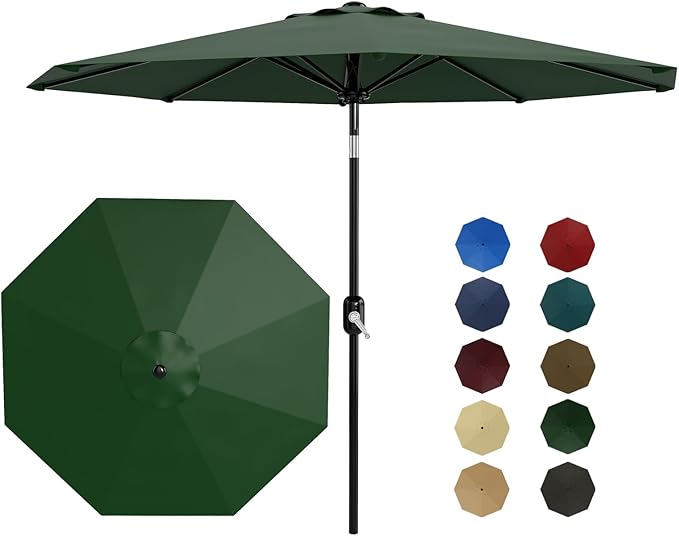 Garvee 9 ft Patio Umbrella - 8 Sturdy Ribs Outdoor Table Umbrella with Crank Lift & Push Button Tilt - Market Umbrella for Pool, Deck, Yard, Garden - Dark Green