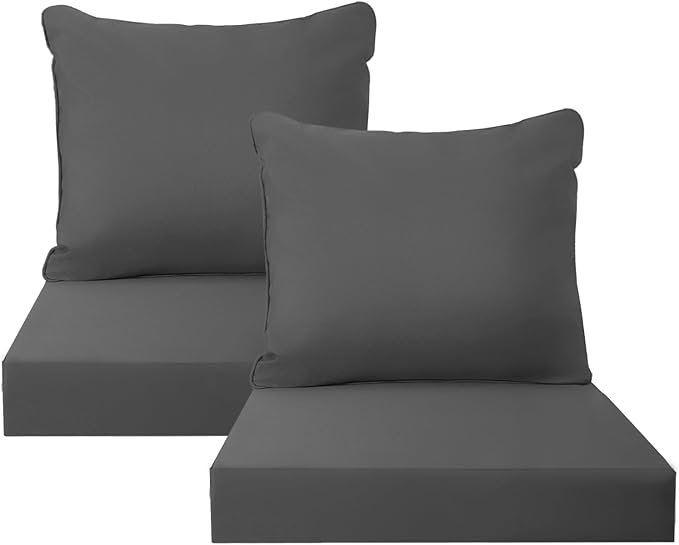 PatioGlow Outdoor Seat Cushion Set, 22" x 22" x 3.5", Set of 2, Water-Resistant & Fadeness Patio Furniture Cushions with Removable Cover & Ties, Thick Deep Seating Pads for Outside Sofa Couch, Grey