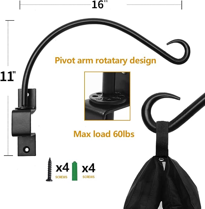 Maosen 16 Inch Swivel Plant Hangers Outdoor - 2 Pack Black Iron Plant Hanging Hook Bracket for Flowers Baskets Planter Pots Bird Feeder Lanterns Wind Chimes