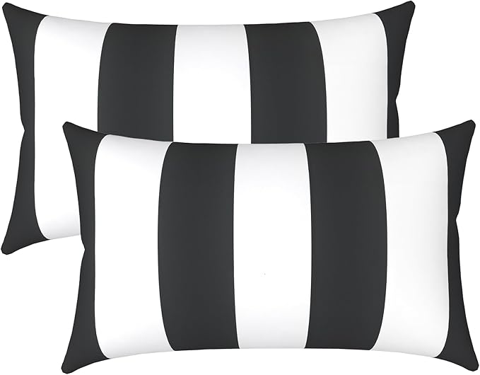 LVTXIII Outdoor/Indoor Lumbar Pillows, Decorative Patio Lumbar Cushions, Fluffy Water Repellent Garden Cushions for Home Patio Coach Sofa Use, 12×20 Inch, Pack of 2, Cabana Black