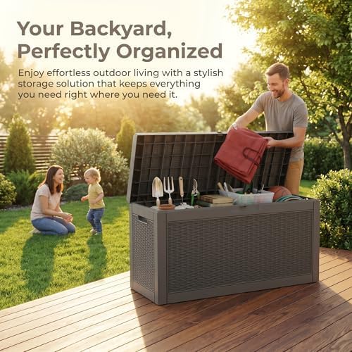 60 Gallon Deck Box, Waterproof Resin Outdoor Storage Box with Lockable Lid, Patio Storage Box with Fade Resistant for Patio Furniture Cushions, Pool Accessories, Garden Tools, Light Coffee