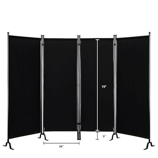 Proman Products - Galaxy 4 Panel Section Privacy Folding Screen Divider, Water Repellent Fabric Room Divider with Black Powder Coated Metal Frame for Indoors or Outdoors (Black)