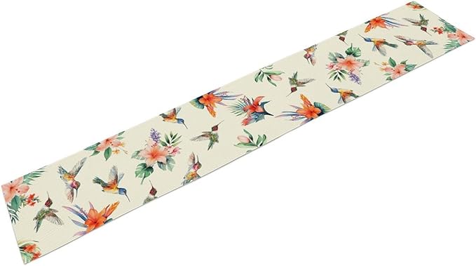 Tropical Floral Table Runner, Retro Seasonal Spring Summer Red Flower Palm Hummingbird Boho Rustic Coffee Table Center Decor for Family Kitchen and Dining Farmhouse Party Table Decorations, 13"x108"